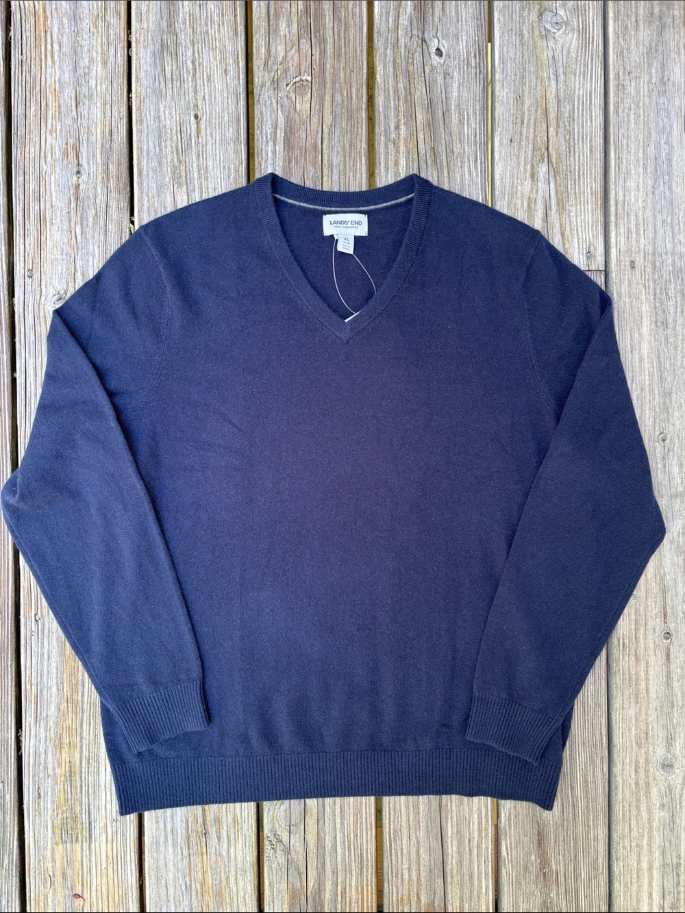 Lands End Mens Navy Blue 100%‎ Cashmere V-Neck Sweater XL 46-48 NWT